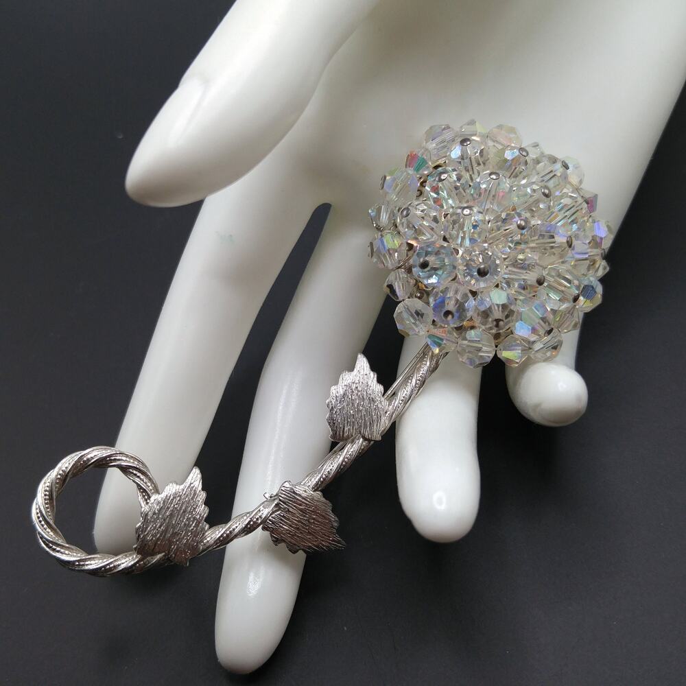 Vintage Austrian Crystal Flower Brooch, Aurora Borealis, Rhodium Plated Leaves